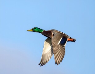 Obraz premium Mallard in flight against a clear sky