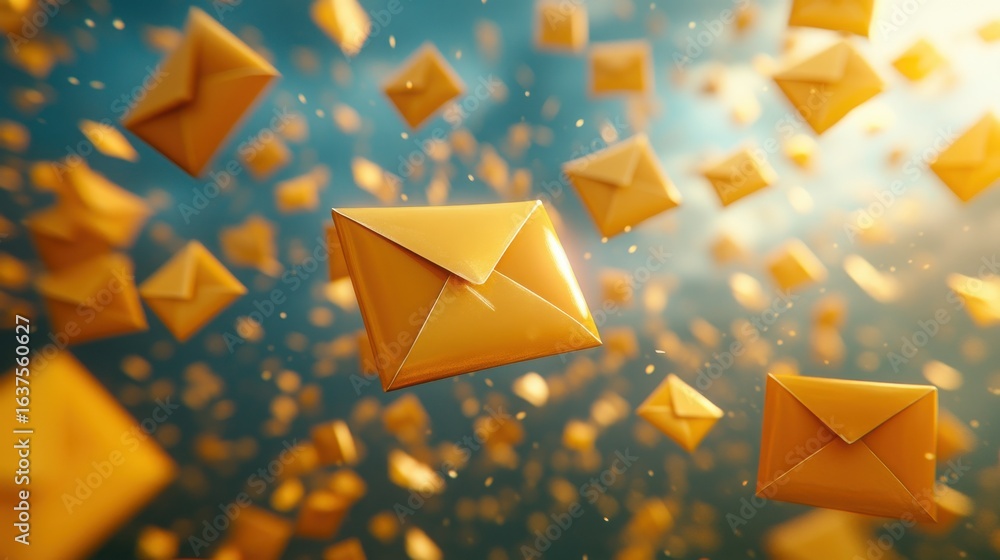 Poster floating yellow envelopes falling from the sky with a dreamy background and soft bokeh effects