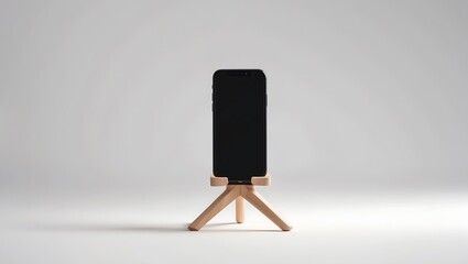 Modern black smartphone displayed vertically on a minimalist wooden tripod stand