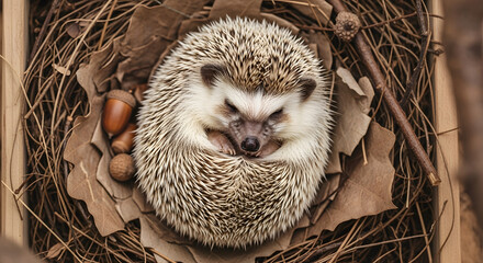 A small, spiky hedgehog peacefully curled up and sleeping within a rustic nest of twigs, dry leaves, and acorns.