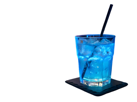 Glass cocktail drink with blue neon light and ice isolated on a transparent background straw