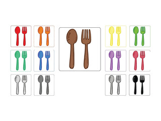 Color-coordinated Cutlery Set: A creative arrangement showcasing a diverse range of colorful spoons and forks against a clean background. Highlighting the details of dining utensils. 