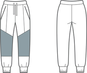 Jogger pants technical flat vector, front and back view, drawstring waist, cuffed hem, fashion cad drawing, color blocked design