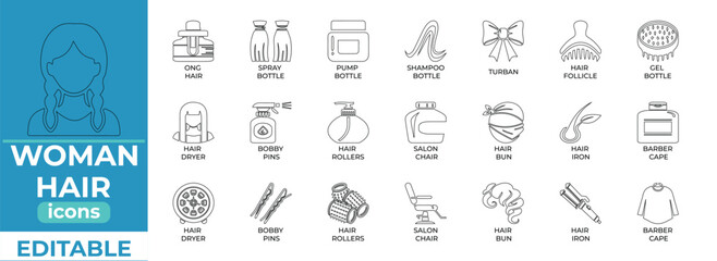 Clean editable woman hair vector icons line art ideal for beauty, fashion, salon, branding, and digital design
