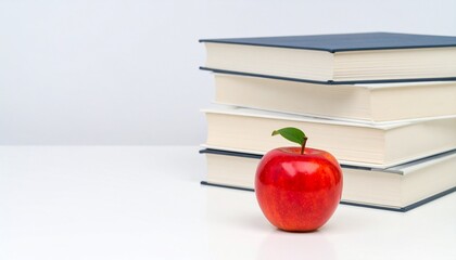 Red apple resting on a stack of books representing education and learning