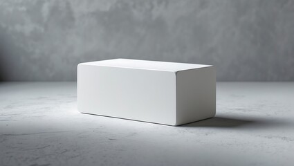 Minimalist white rectangular box on a textured gray surface with soft lighting