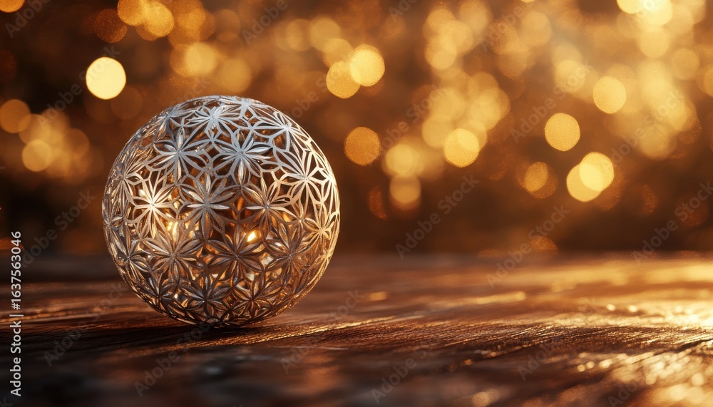 Poster decorative sphere with intricate floral pattern on a rustic wooden surface and a warm bokeh backgrou