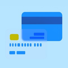 Minimal 3D illustration of a blue credit card with a yellow chip on a light blue background, symbolizing digital payment, banking, and financial transactions.