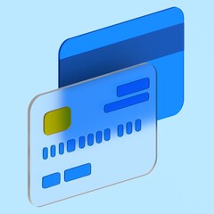Isometric 3D illustration of a blue credit card with yellow chip, representing secure digital payments, banking, and financial transactions on a light blue background.