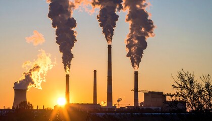 Industrial smokestacks emitting smoke at sunset.