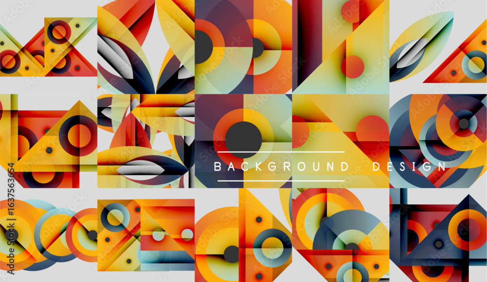 Poster geometric patterns, vibrant colors, modern design elements. squares, circles, triangles create abstr