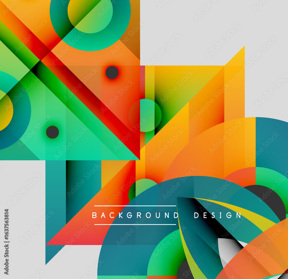 Poster abstract geometric shapes overlap, creating vibrant colorful composition. modern design utilizes gra
