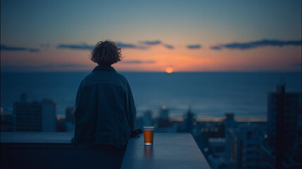 Fototapeta premium Person in Denim Jacket Watching Ocean Sunset from Rooftop with a Glass of Beer
