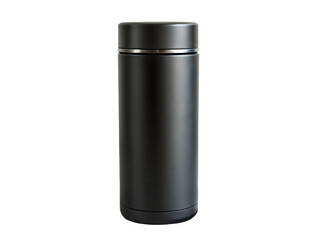 Matte black cylindrical metallic thermos isolated on a transparent background insulated