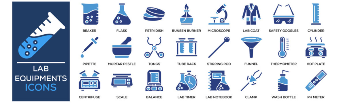 Lab Equipments icon collection set. Containing design Test Tube, Beaker, Erlenmeyer Flask, Petri Dish, Bunsen Burner