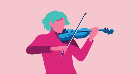Figure plays a blue violin against pink background with bow in hand, and teal hair