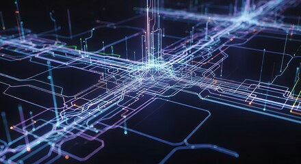Obraz premium Abstract technology background with glowing lines and dots, creating a futuristic cityscape network concept.