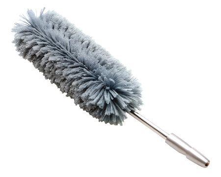 Gray microfiber duster with metal handle isolated on transparent background