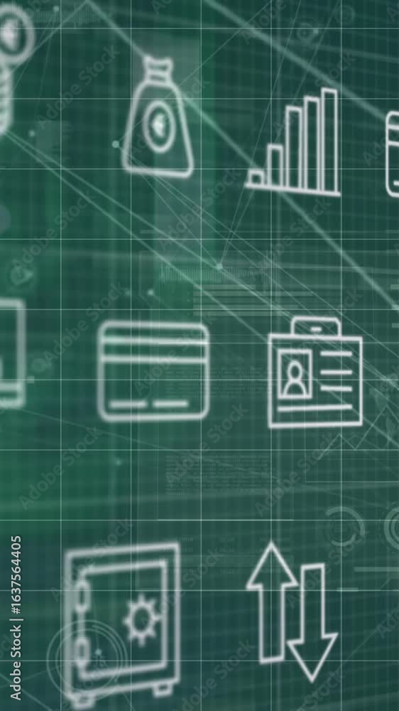 Poster animation of network of digital icons over grid and network of connections
