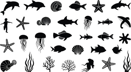 Marine life silhouettes, sea creatures vector, fish dolphin jellyfish icons, coral reef elements, underwater design set, black ocean shapes, mermaid and child illustration.