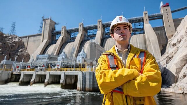 Engineer's Vision: A determined engineer, his face etched with focus, surveys the majestic dam, embodying expertise and commitment in his professional role.