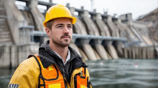 Dedicated Engineer at the Dam: A focused engineer in safety gear, standing confidently before a robust dam, symbolizing expertise and infrastructure strength.