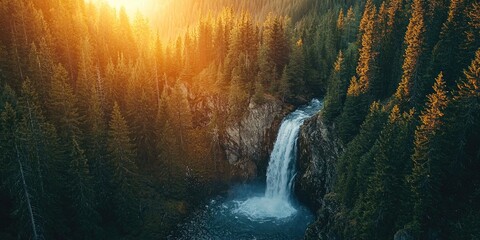 Aerial view of waterfall cutting through mountainous conifer forest, water shimmering in golden light Stock photo