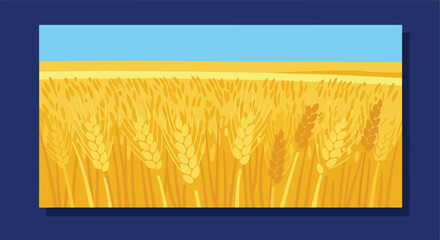 Golden wheat field under a blue sky in frame. Grain, farmland, and agriculture theme