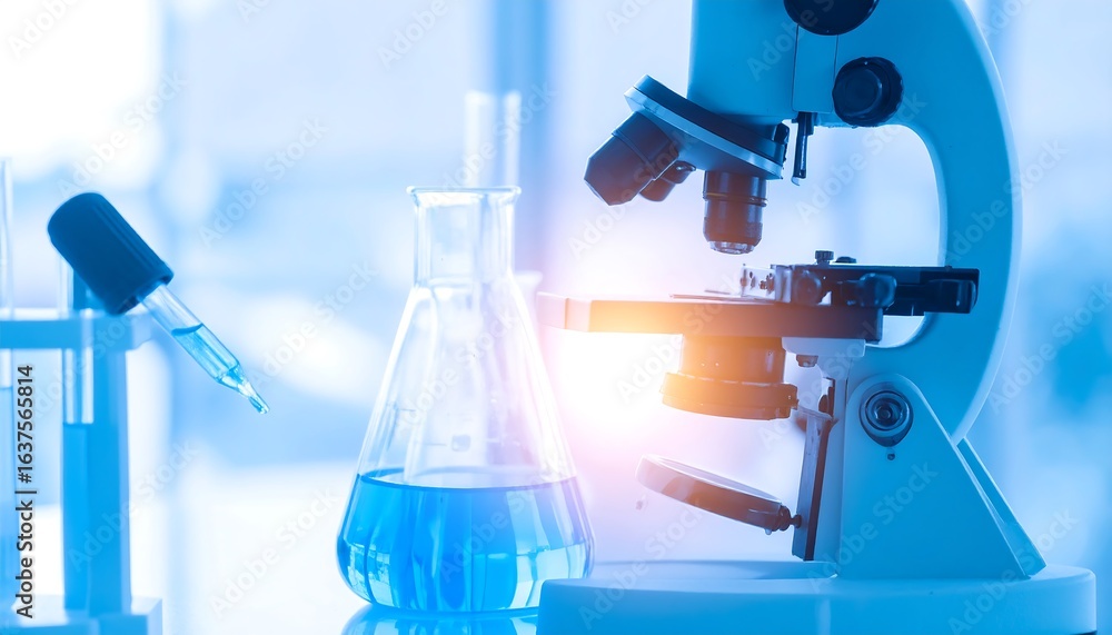 Poster laboratory microscope flask science research.