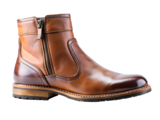 Brown leather fashion boot with side zip, isolated on transparent background