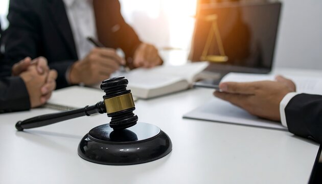 Lawyers in discussion with gavel close up.