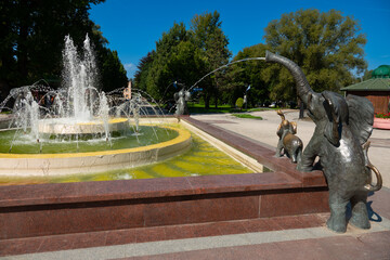 2023-09-11; Fountain with elephants in front of main building of health resort Rabka Zdroj, Poland.