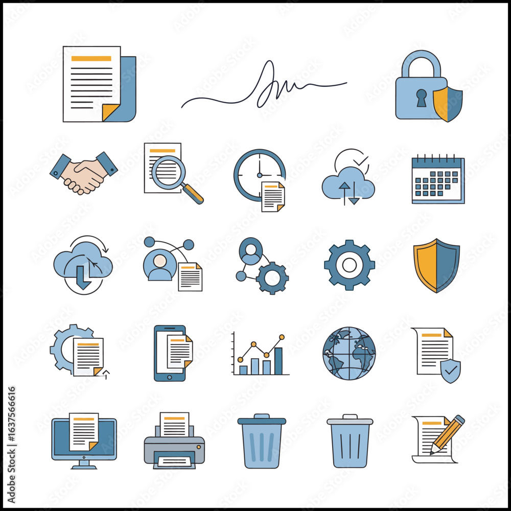 Aufkleber digital document management icons: security, collaboration, workflow, and data processing.