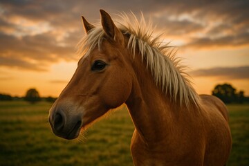 Obraz premium A close-up portrait of a horse with a light mane, standing in a field at sunset.