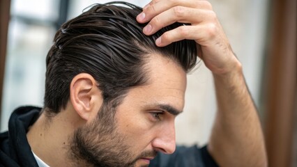 Fototapeta premium Man Grooming His Hair in Modern Indoor Environment