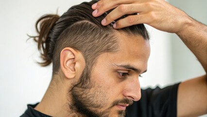 Young Man with Stylish Haircut and Beard Touching Head Thoughtfully