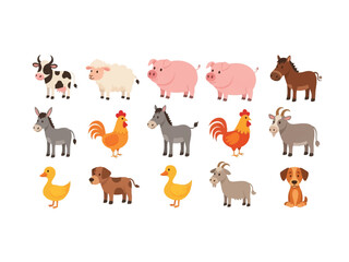 Fototapeta premium Farm Animal Ensemble: A delightful assortment of farm animals in a flat design aesthetic, showcasing the charm of rural life.