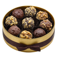 Round gold tin filled with assorted chocolate truffles isolated on transparent background