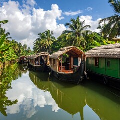 Obraz premium Tranquil waterway with several houseboats moored, lush tropical foliage reflected in calm water