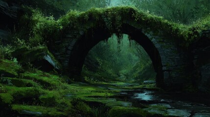 Mossy forest bridge through dark woods