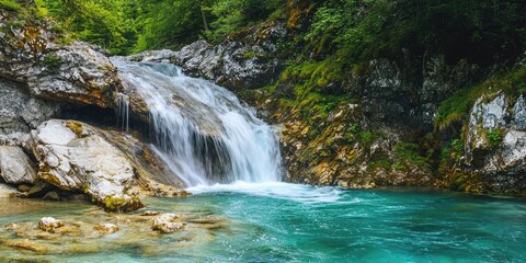 Fototapeta premium Freshwater cascade over steep cliff, turquoise water splashing against stones, vibrant forest background Stock photo
