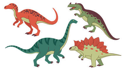 Collection of Four Cartoon Dinosaurs Orange Green and Stegosaurus.