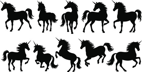 Unicorn silhouette collection, magical creature poses, fantasy horse clipart, flowing mane PNG, mythical horned animal, enchanted vector design, unicorn stance illustration set.