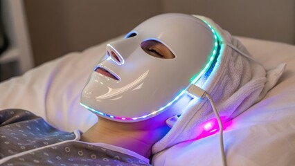 Woman Relaxing with LED Light Therapy Facial Mask for Skincare Treatment