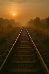 Obraz premium A set of train tracks disappear into the distance through a misty landscape at sunrise.