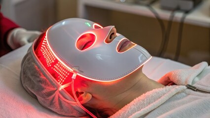 Woman Enjoying LED Facial Mask Treatment in Spa Setting