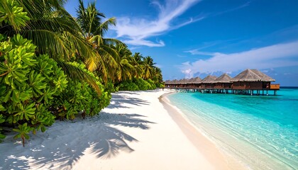 Tropical beach scene with overwater bungalows, palm trees, and turquoise water