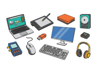 Technology Array: A colorful digital array of essential technological gadgets including a laptop, monitor, tablet, and various data storage devices, all meticulously illustrated in a clean.