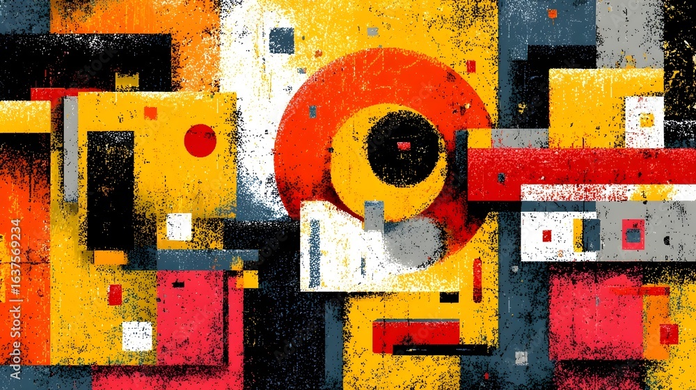 Poster a bold and energetic abstract artwork featuring a dynamic composition of geometric shapes contrastin