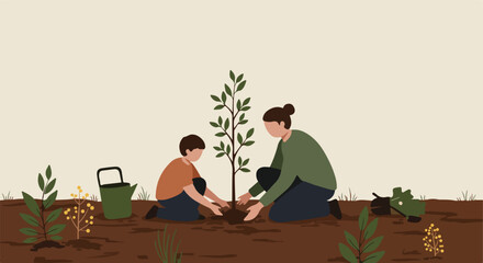 Fototapeta premium Mother and son planting a tree on a sunny day, watering can and other saplings near